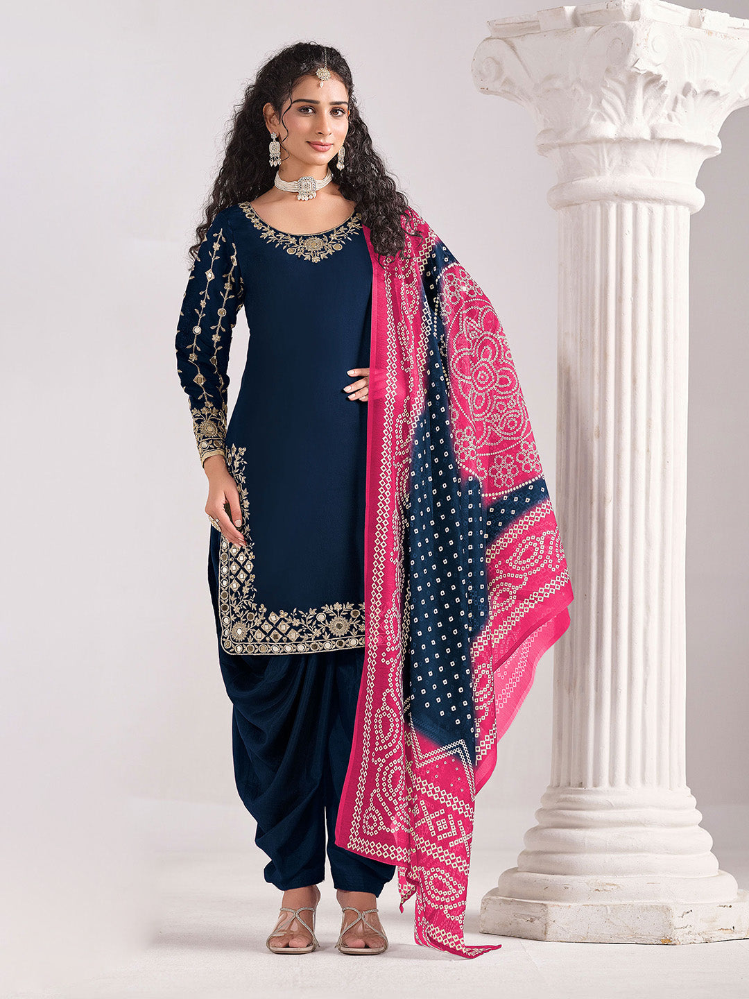Navy Blue Embroidered Chinon Semi Stitched Kurta Patiala &amp; Dupatta