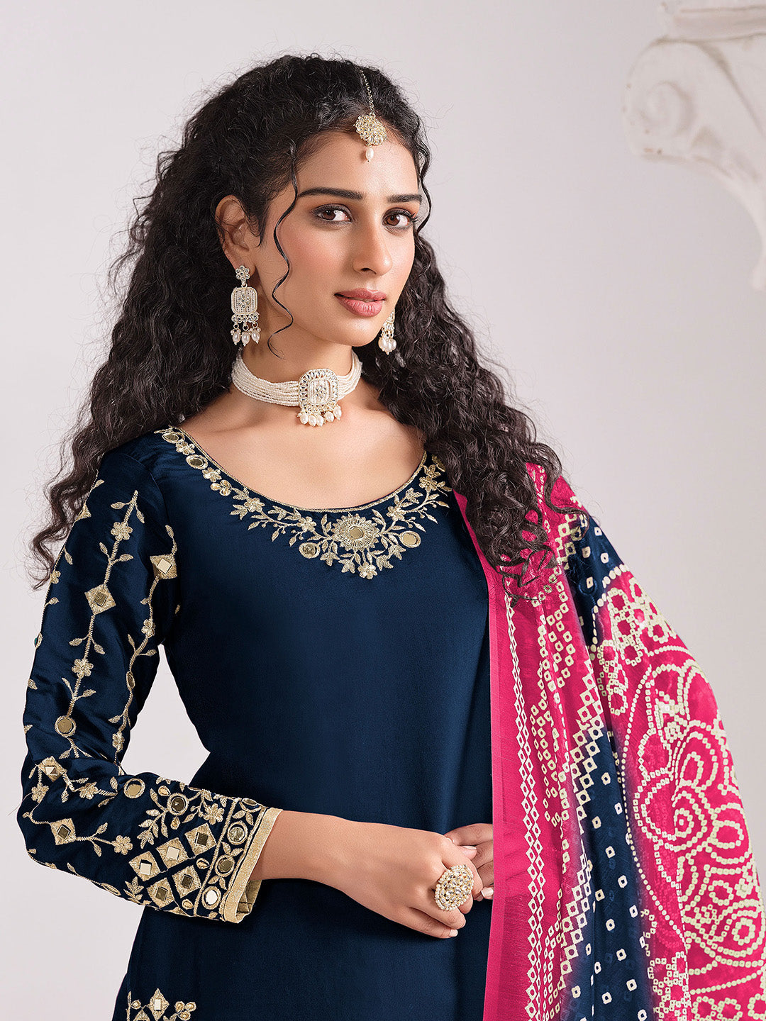 Navy Blue Embroidered Chinon Semi Stitched Kurta Patiala &amp; Dupatta