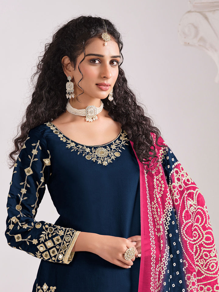 Navy Blue Embroidered Chinon Semi Stitched Kurta Patiala &amp; Dupatta