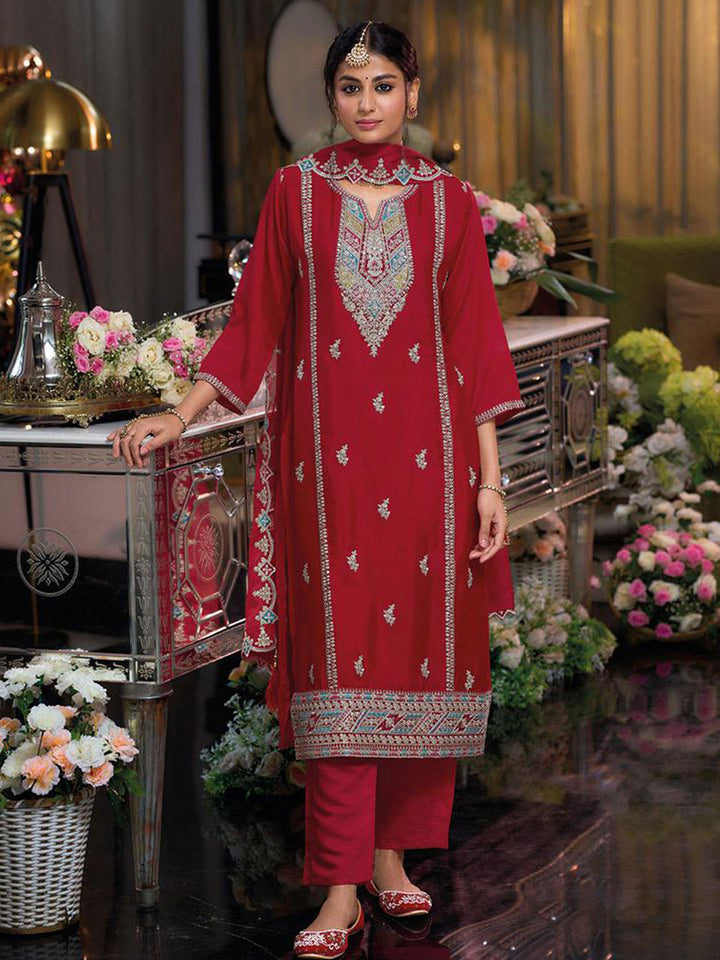 Red Embroidered Chinnon Kurta Palazzo Dupatta