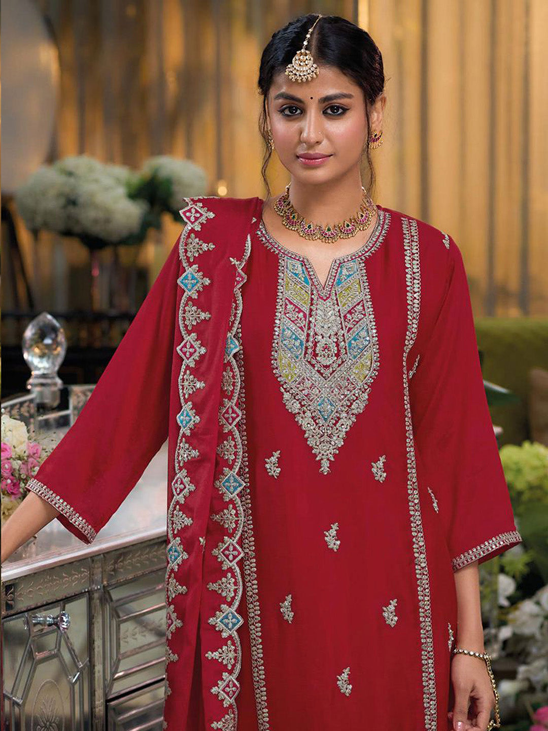 Red Embroidered Chinnon Kurta Palazzo Dupatta