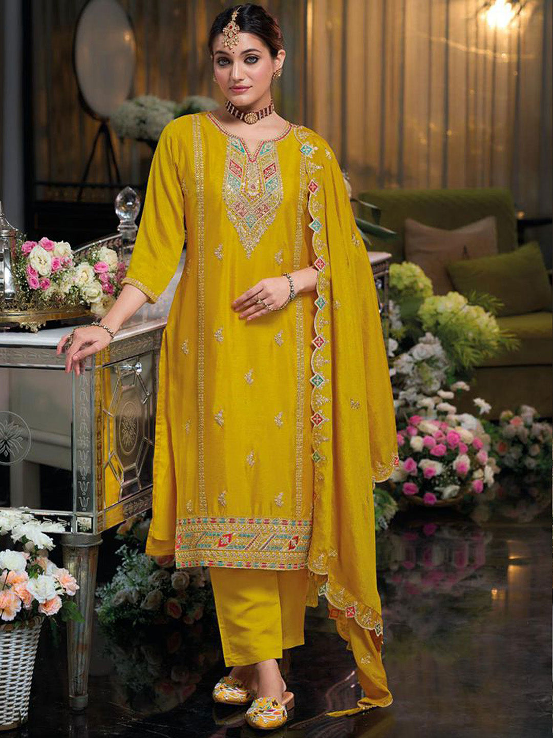 Yellow Embroidered Chinnon Kurta Palazzo Dupatta