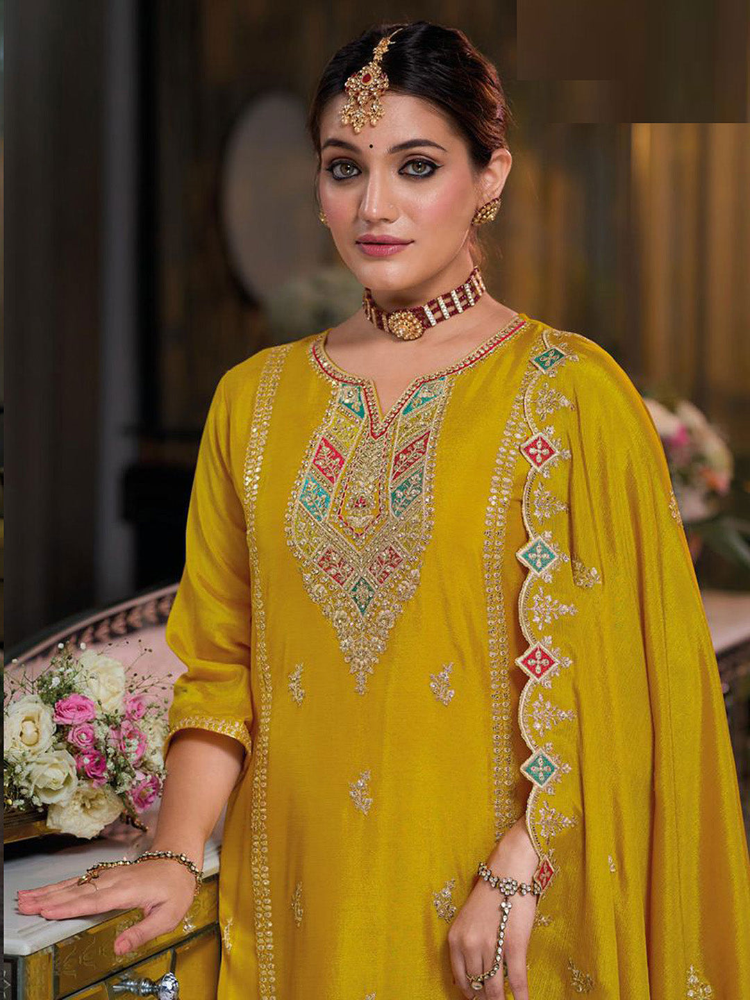 Yellow Embroidered Chinnon Kurta Palazzo Dupatta