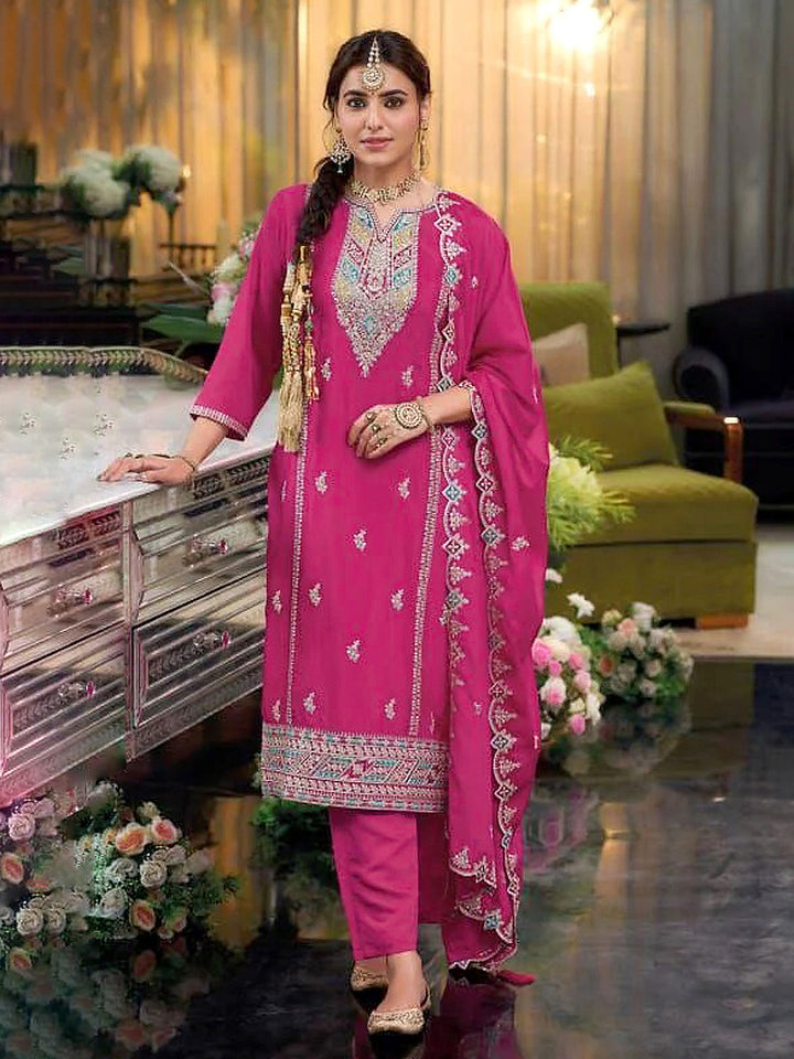 Pink Embroidered Chinnon Kurta Palazzo Dupatta