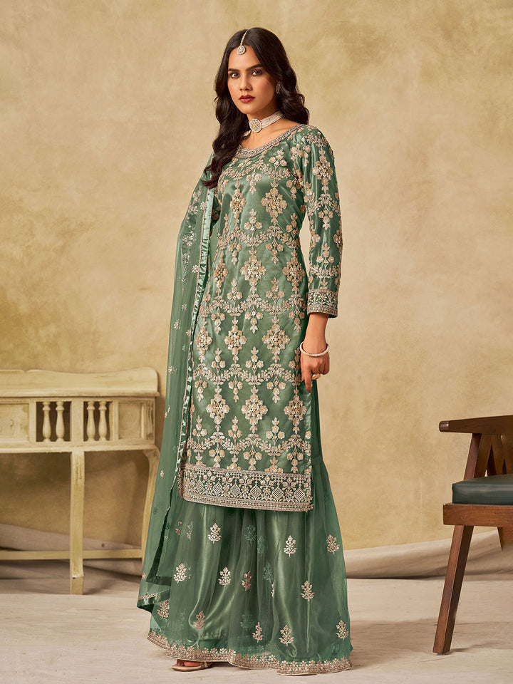 Aqua Green Embroidered Art Silk Semi Stitched Kurta Sharara &amp; Dupatta