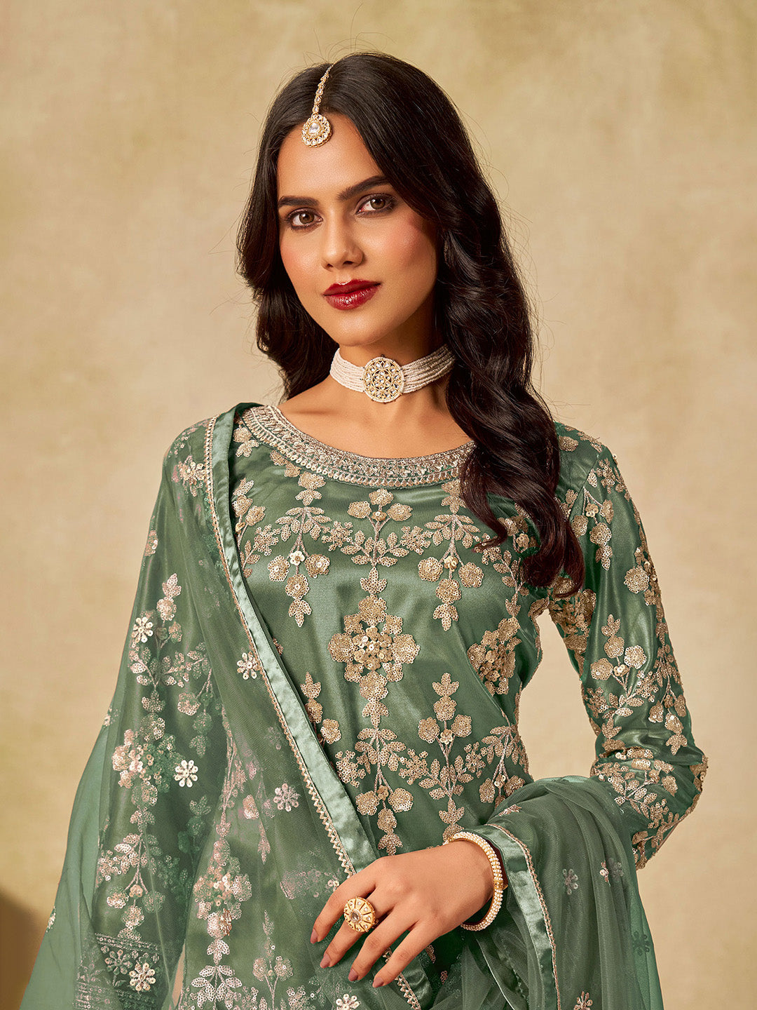 Aqua Green Embroidered Art Silk Semi Stitched Kurta Sharara &amp; Dupatta