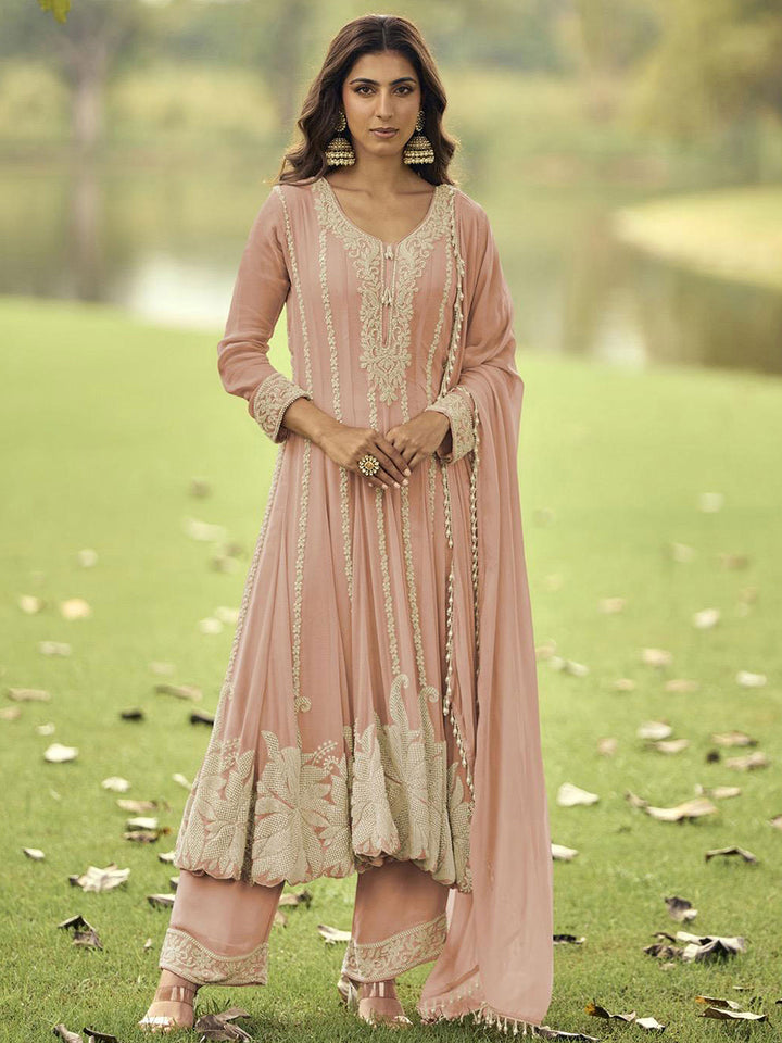 Peach Embroidered Georgette Kurta Pant Dupatta