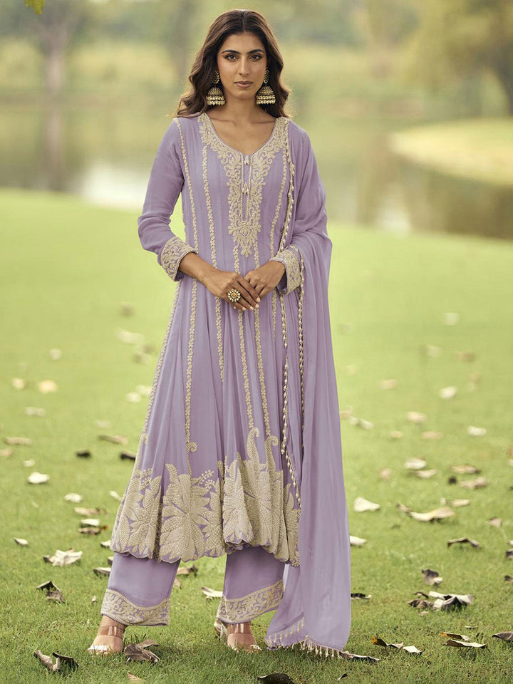 Lavender Embroidered Georgette Kurta Pant Dupatta