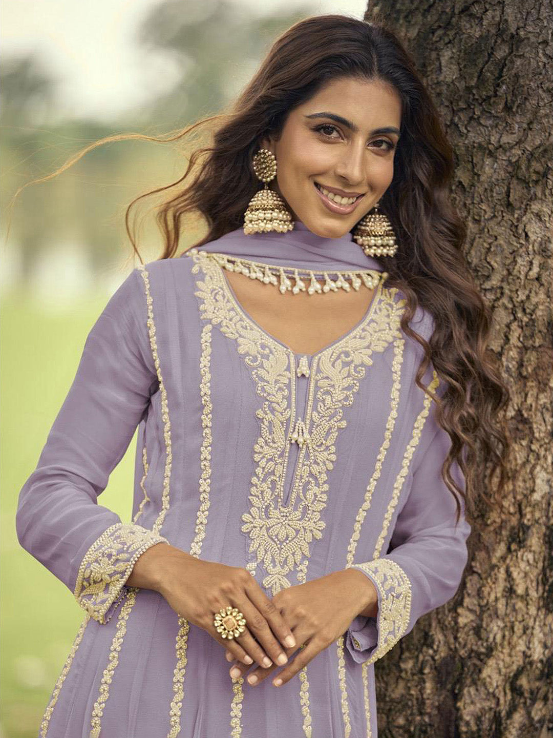 Lavender Embroidered Georgette Kurta Pant Dupatta