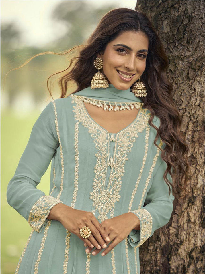 Mint Embroidered Georgette Kurta Pant Dupatta