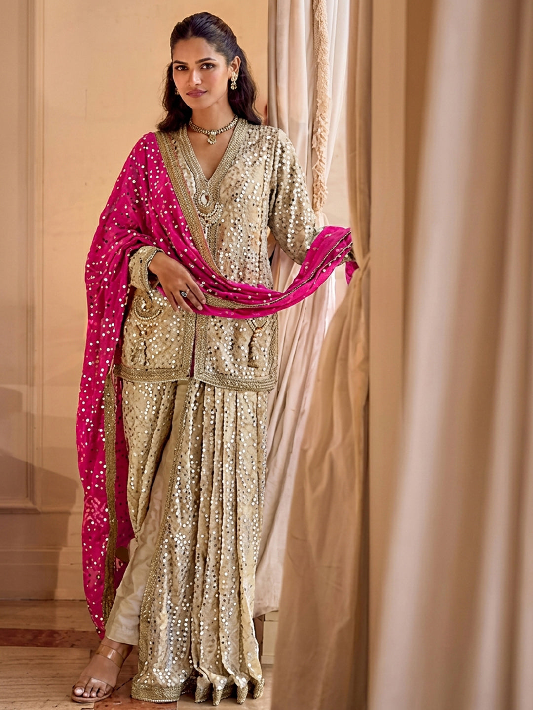 Beige Embroidered Georgette Kurta Dhoti Dupatta