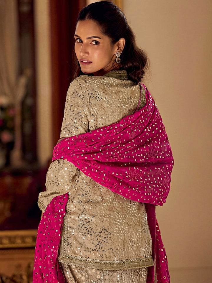 Beige Embroidered Georgette Kurta Dhoti Dupatta