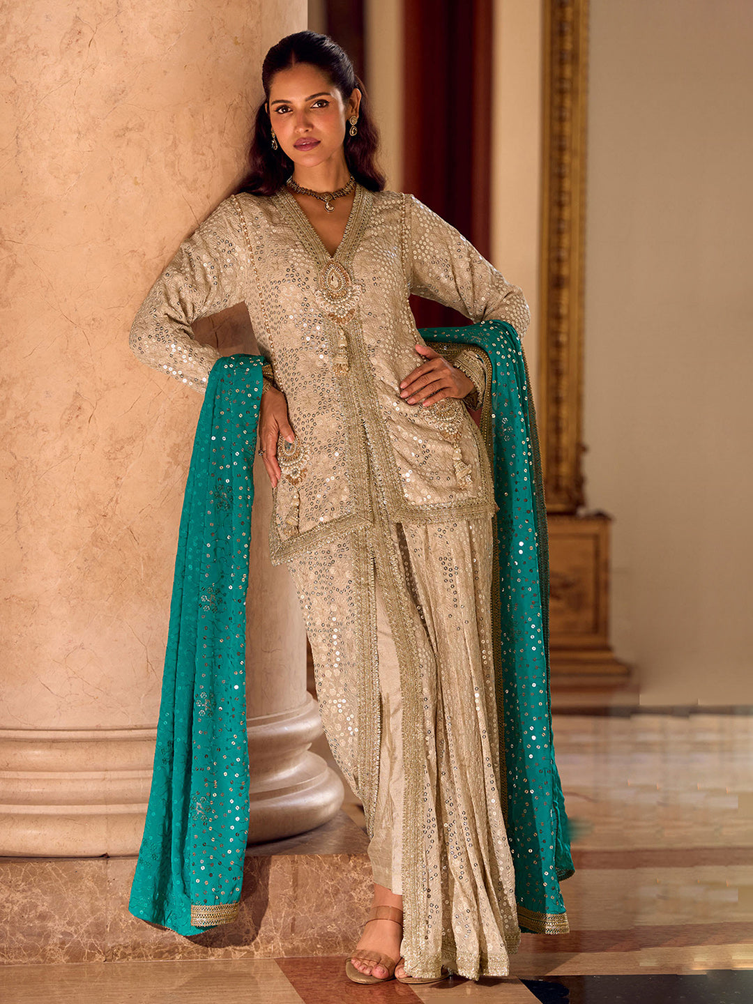 Beige Embroidered Georgette Kurta Dhoti Dupatta