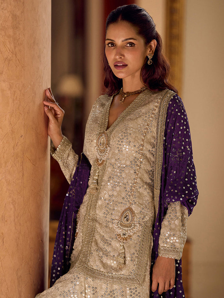 Beige Embroidered Georgette Kurta Dhoti Dupatta