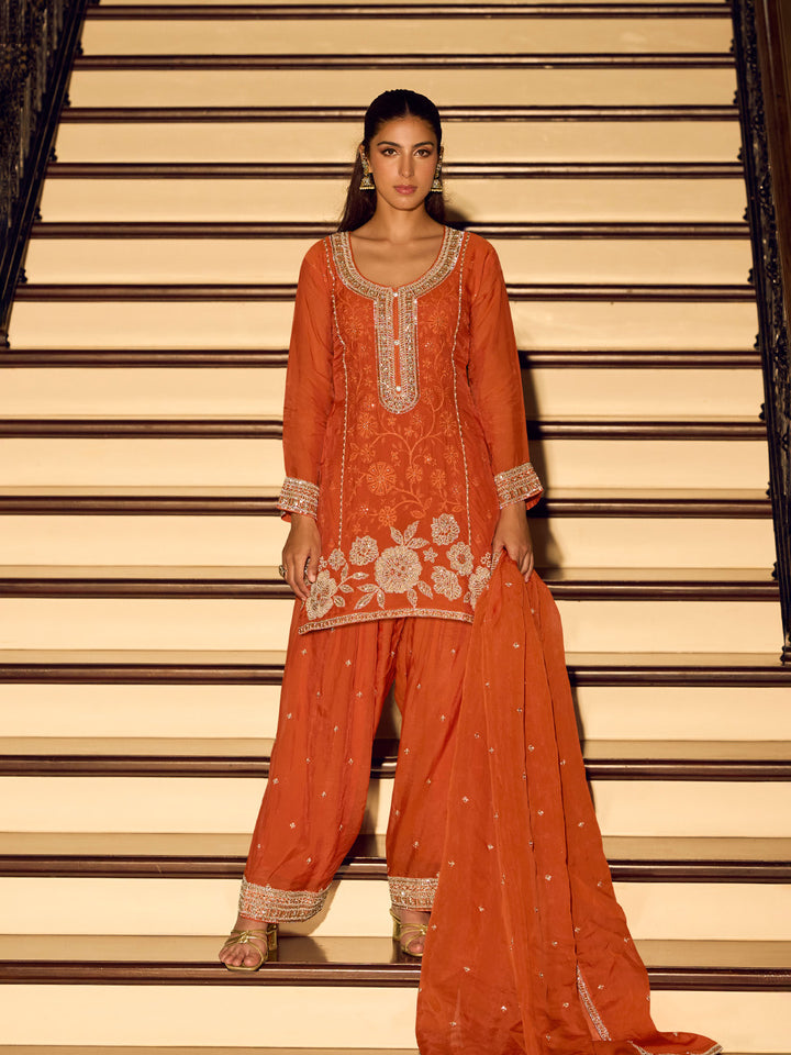 Orange Embroidered Chinnon Kurta Sharara Dupatta