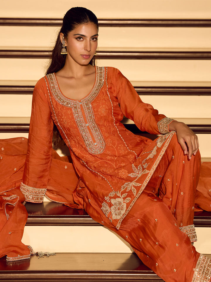 Orange Embroidered Chinnon Kurta Sharara Dupatta