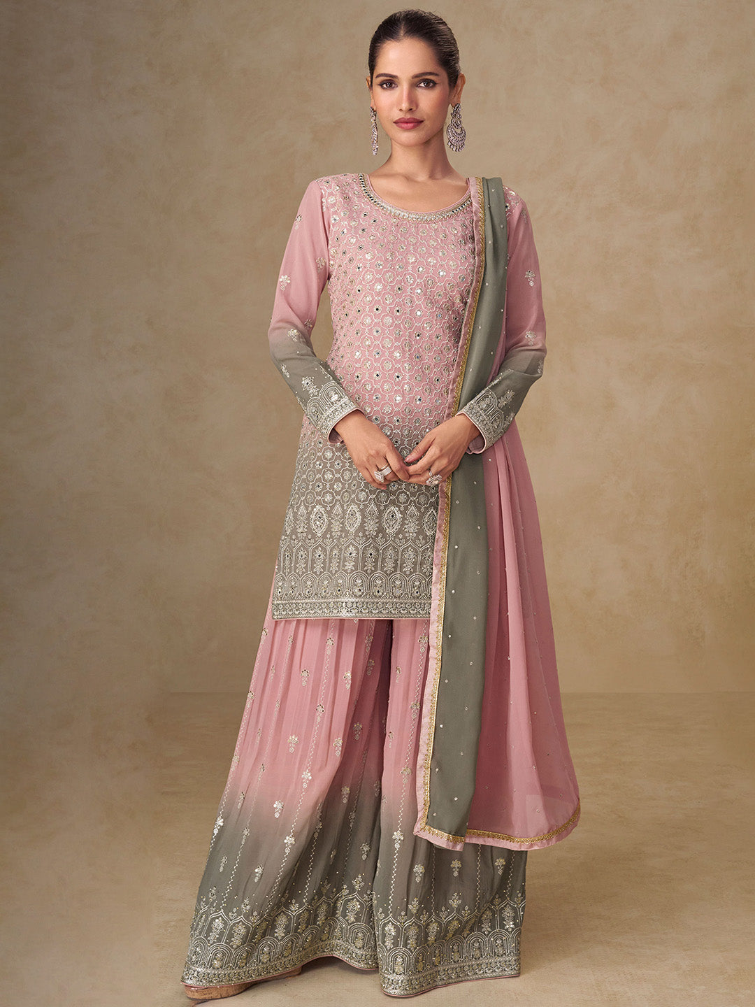 Pink Embroidered Georgette Kurta Palazzo Dupatta