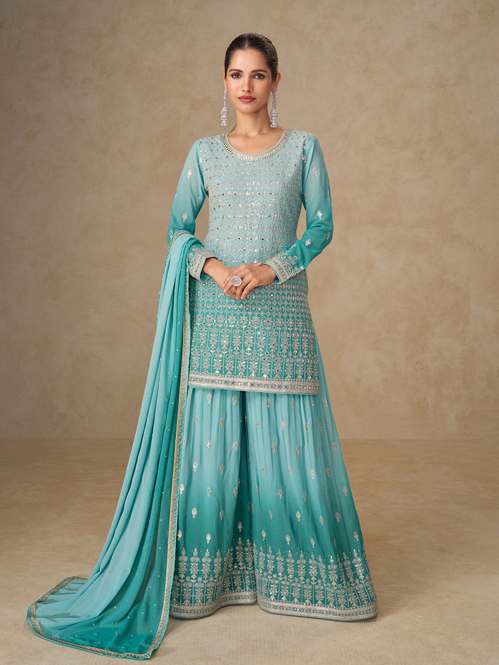 Sky Blue Embroidered Georgette Kurta Palazzo Dupatta