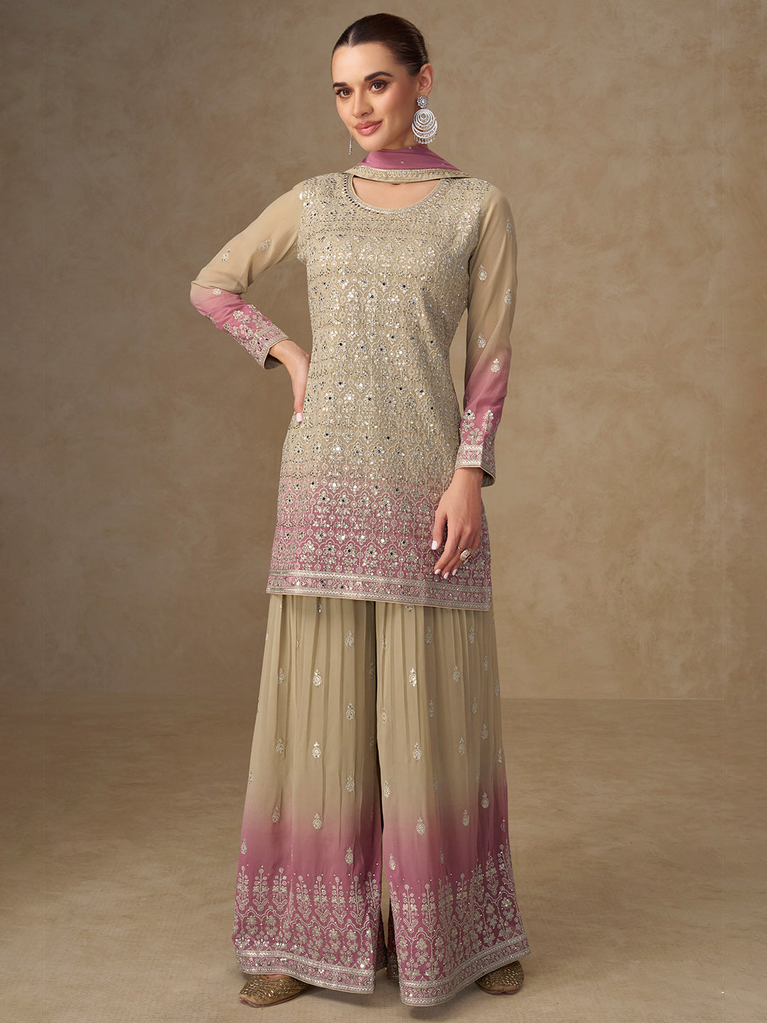 Beige Georgette Embroidered Kurta Palazzo With Dupatta