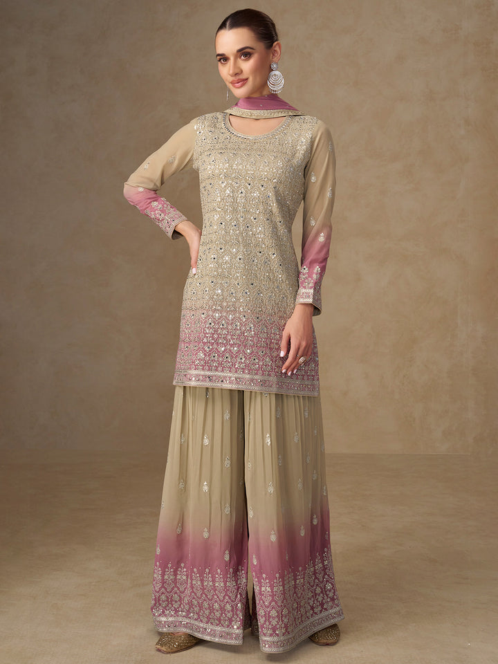 Beige Georgette Embroidered Kurta Palazzo With Dupatta