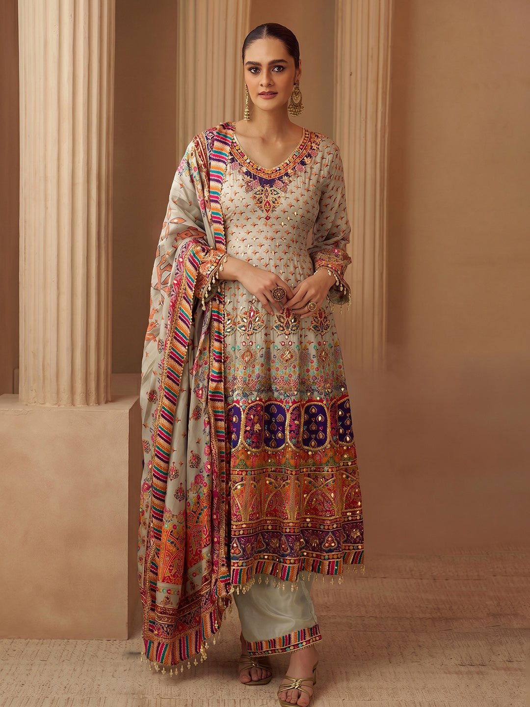 Multi-Colored Embroidered Creape Kurta Palazzo Dupatta