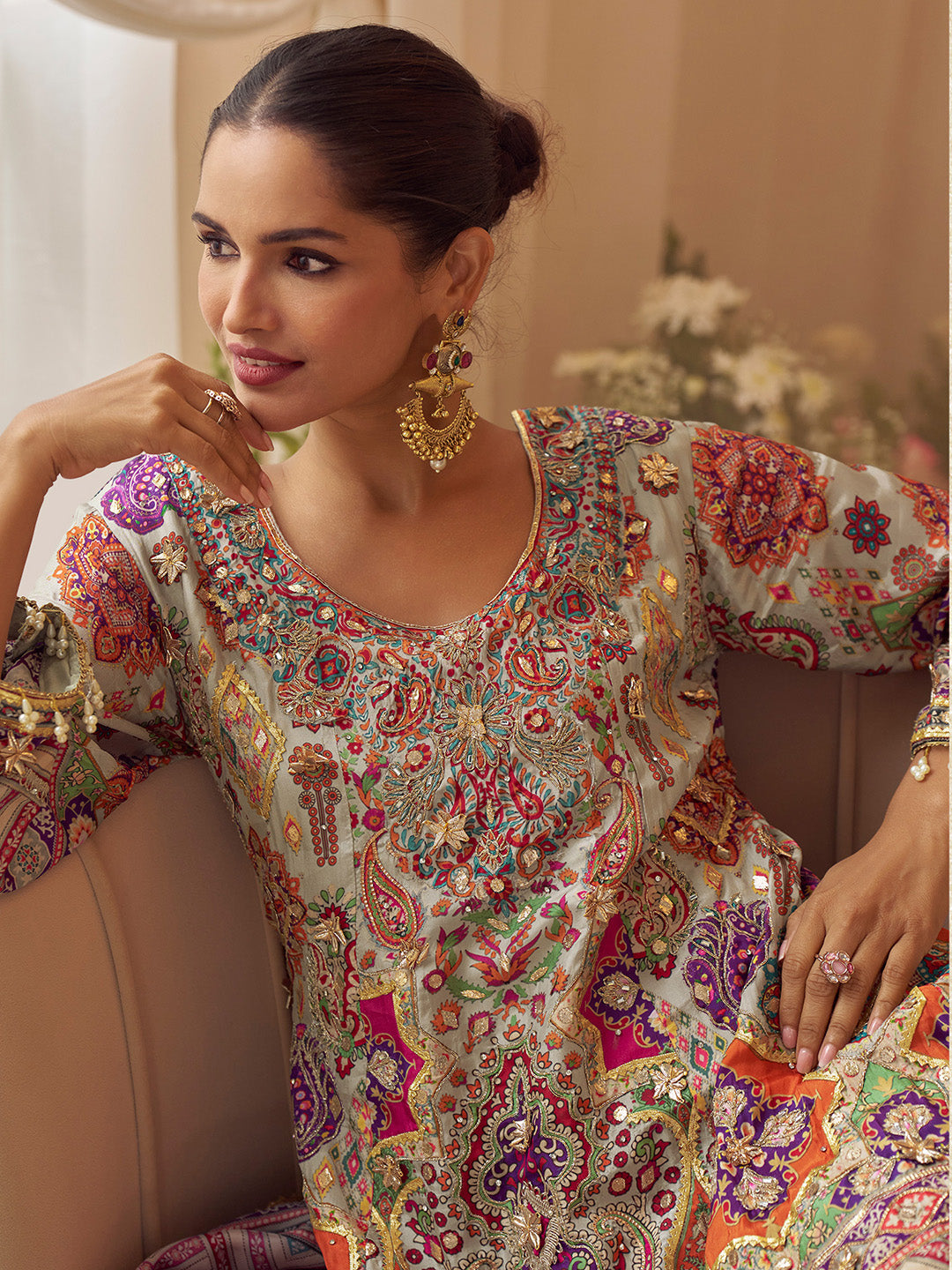 Multi-Colored Embroidered Creape Kurta Palazzo Dupatta