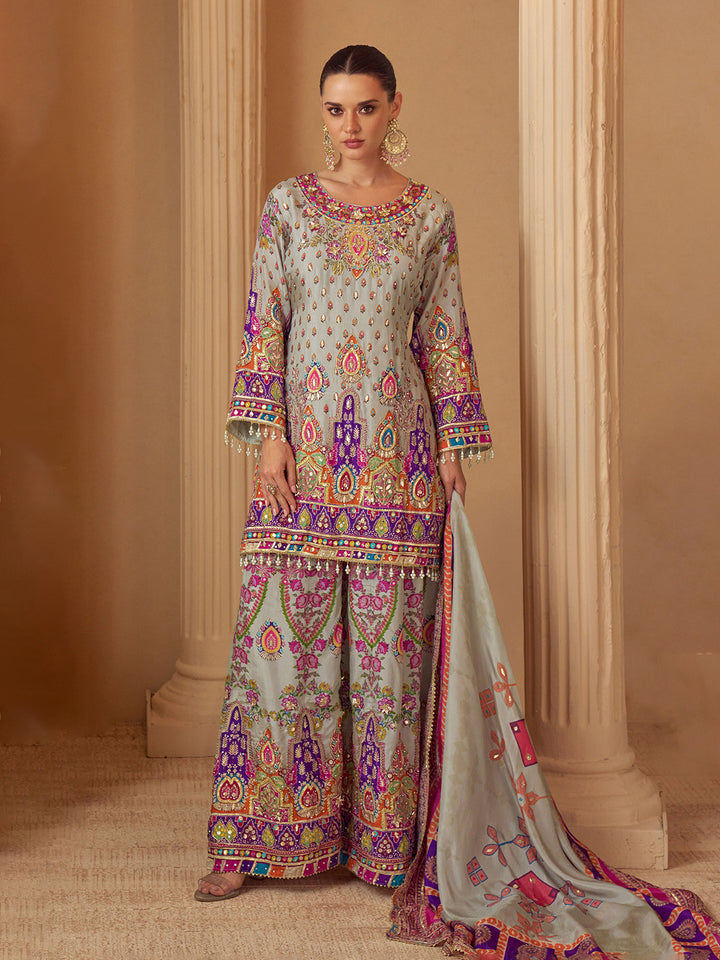 Multi-Colored Embroidered Creape Kurta Palazzo Dupatta