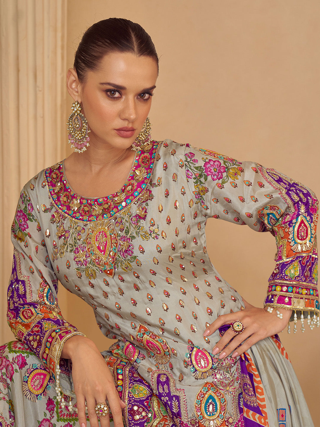 Multi-Colored Embroidered Creape Kurta Palazzo Dupatta