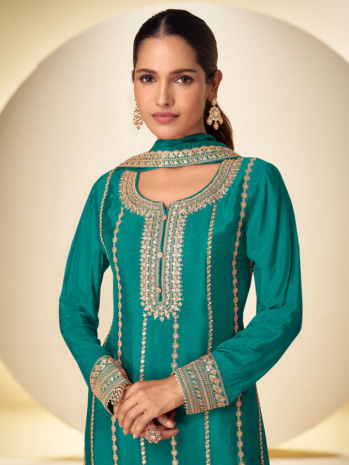 Teal Blue Chinon Embroidered Kurta Palazzo With Dupatta