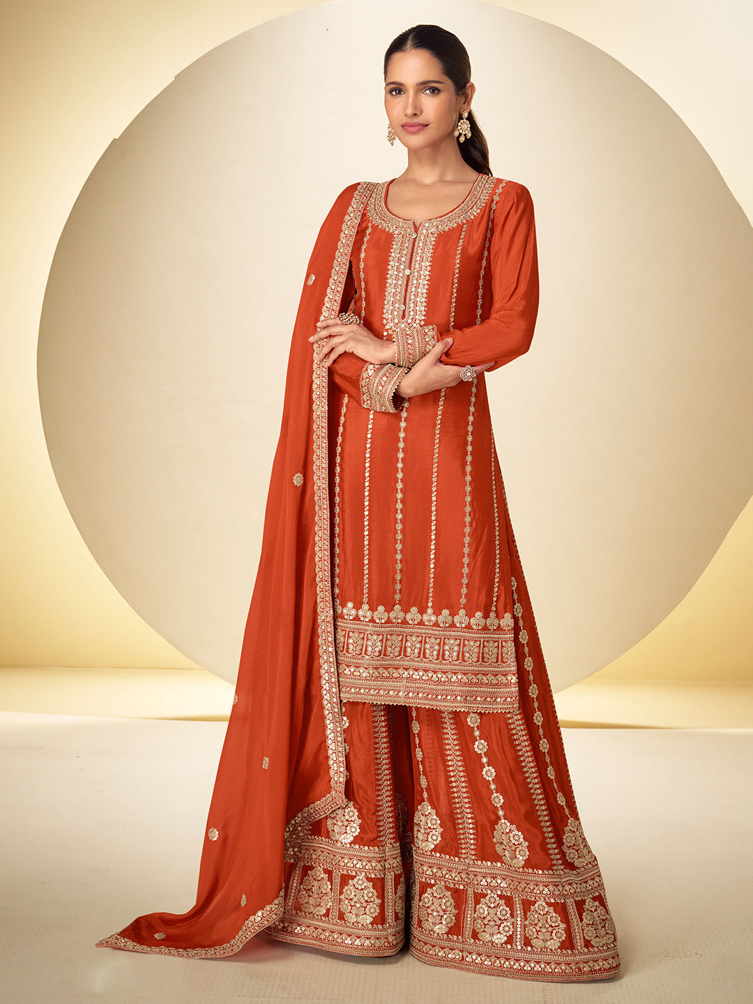 Orange Chinon Embroidered Kurta Palazzo With Dupatta