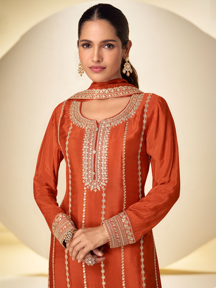 Orange Chinon Embroidered Kurta Palazzo With Dupatta