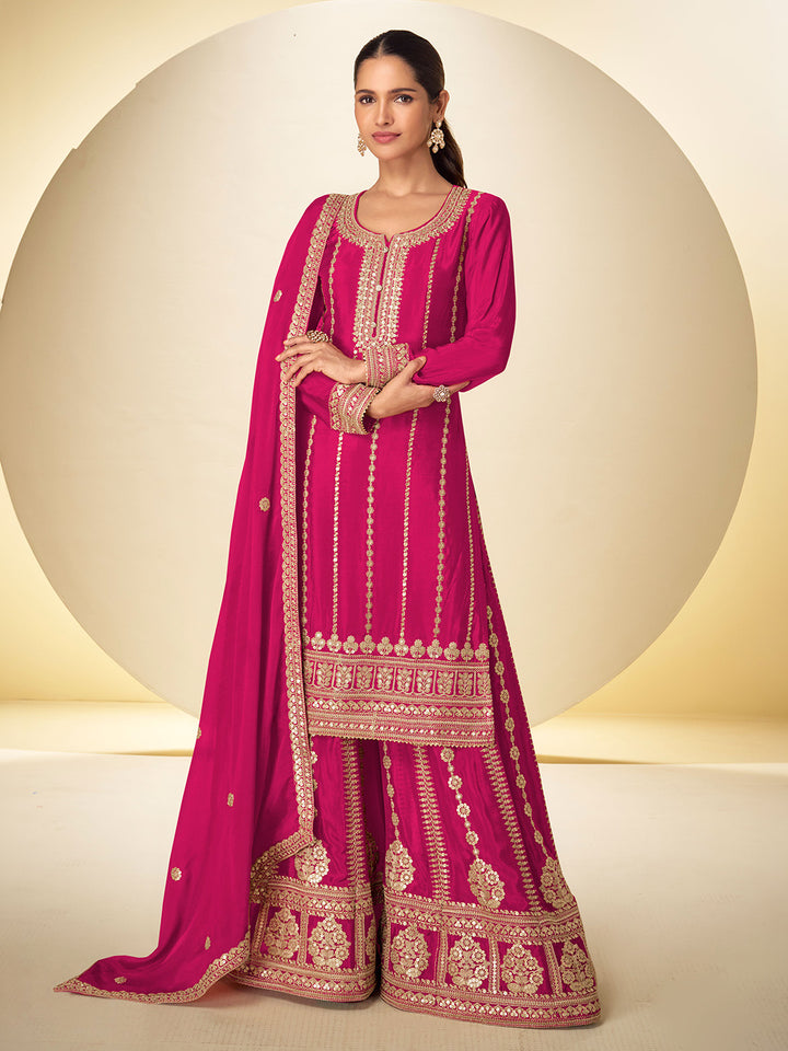 Pink Chinon Embroidered Kurta Palazzo With Dupatta