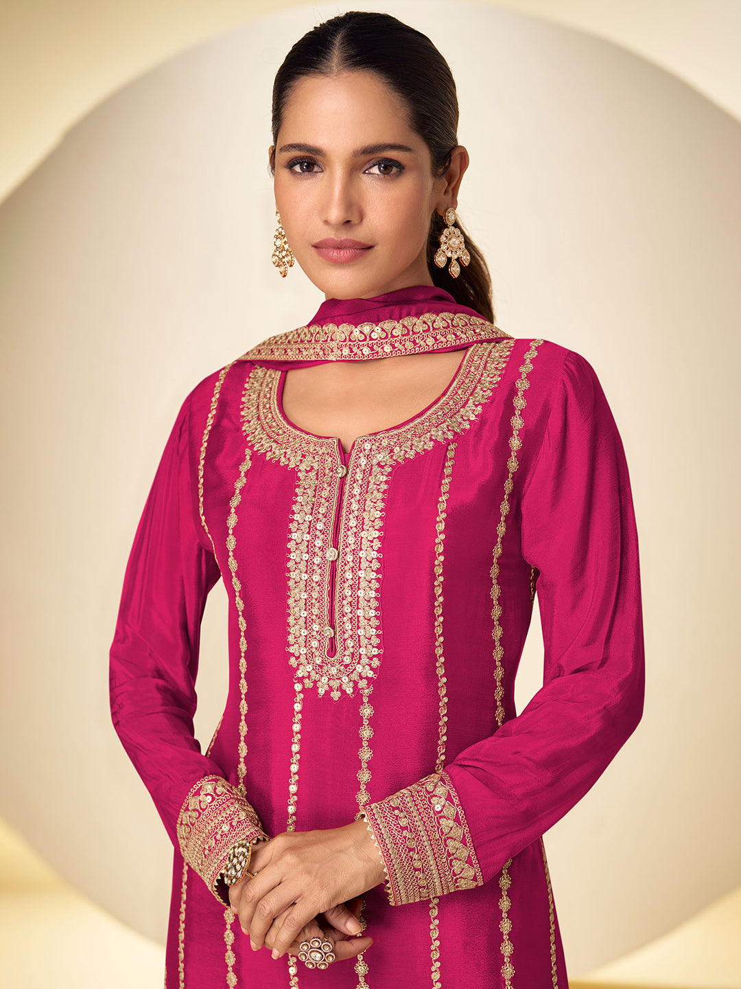 Pink Chinon Embroidered Kurta Palazzo With Dupatta