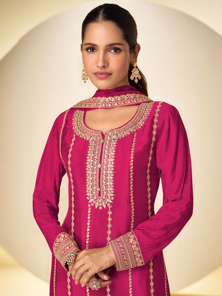 Pink Chinon Embroidered Kurta Palazzo With Dupatta
