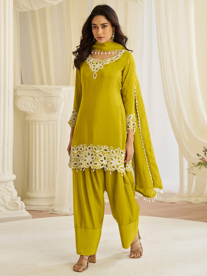 Yellow Embroidered Creape Kurta Salwar Dupatta
