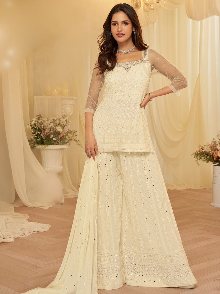 Off White Georgette Embroidered Kurta Palazzo With Dupatta