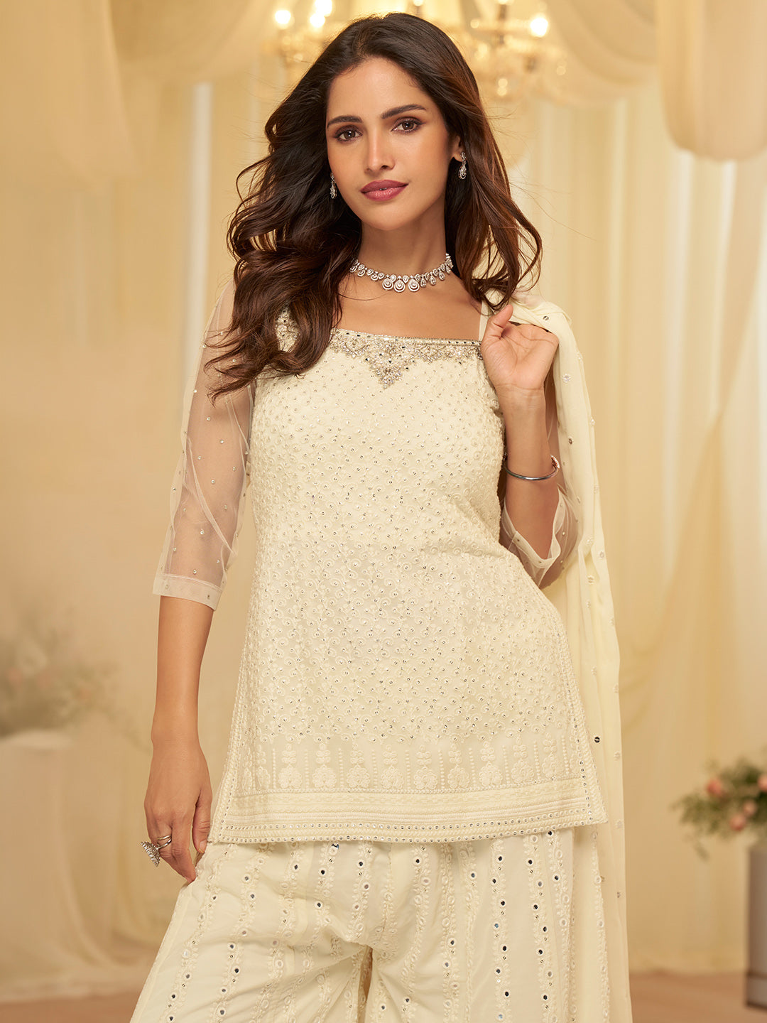 Off White Georgette Embroidered Kurta Palazzo With Dupatta