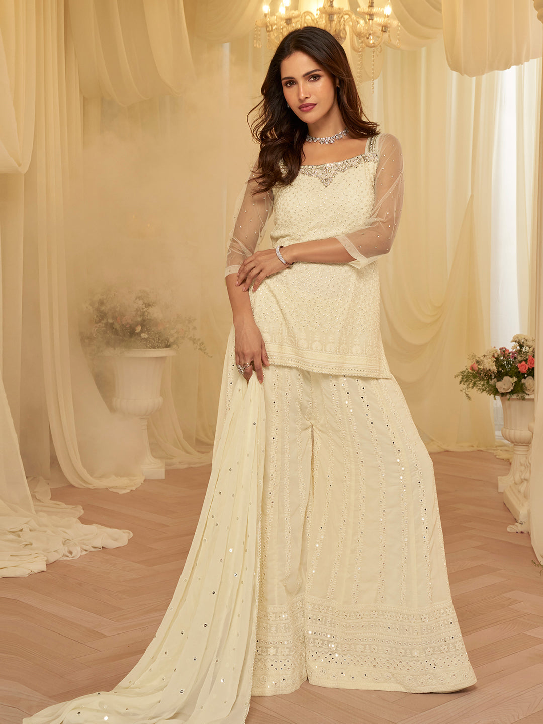 Off White Georgette Embroidered Kurta Palazzo With Dupatta
