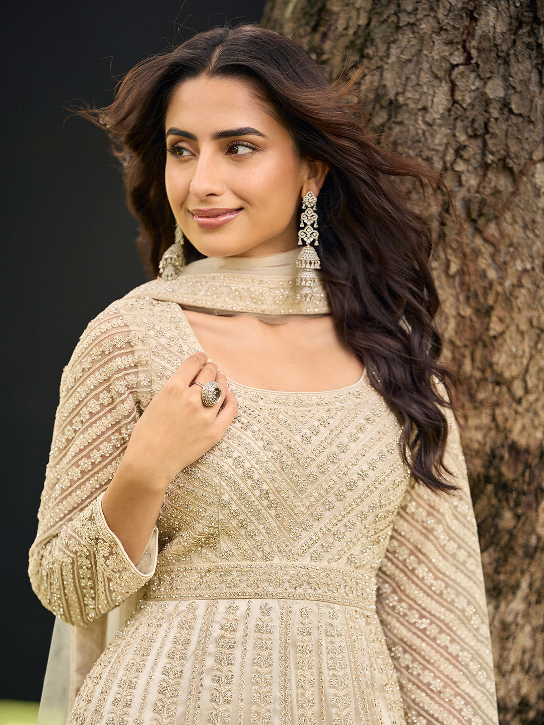 Beige Embroidered Net Kurta Palazzo Dupatta