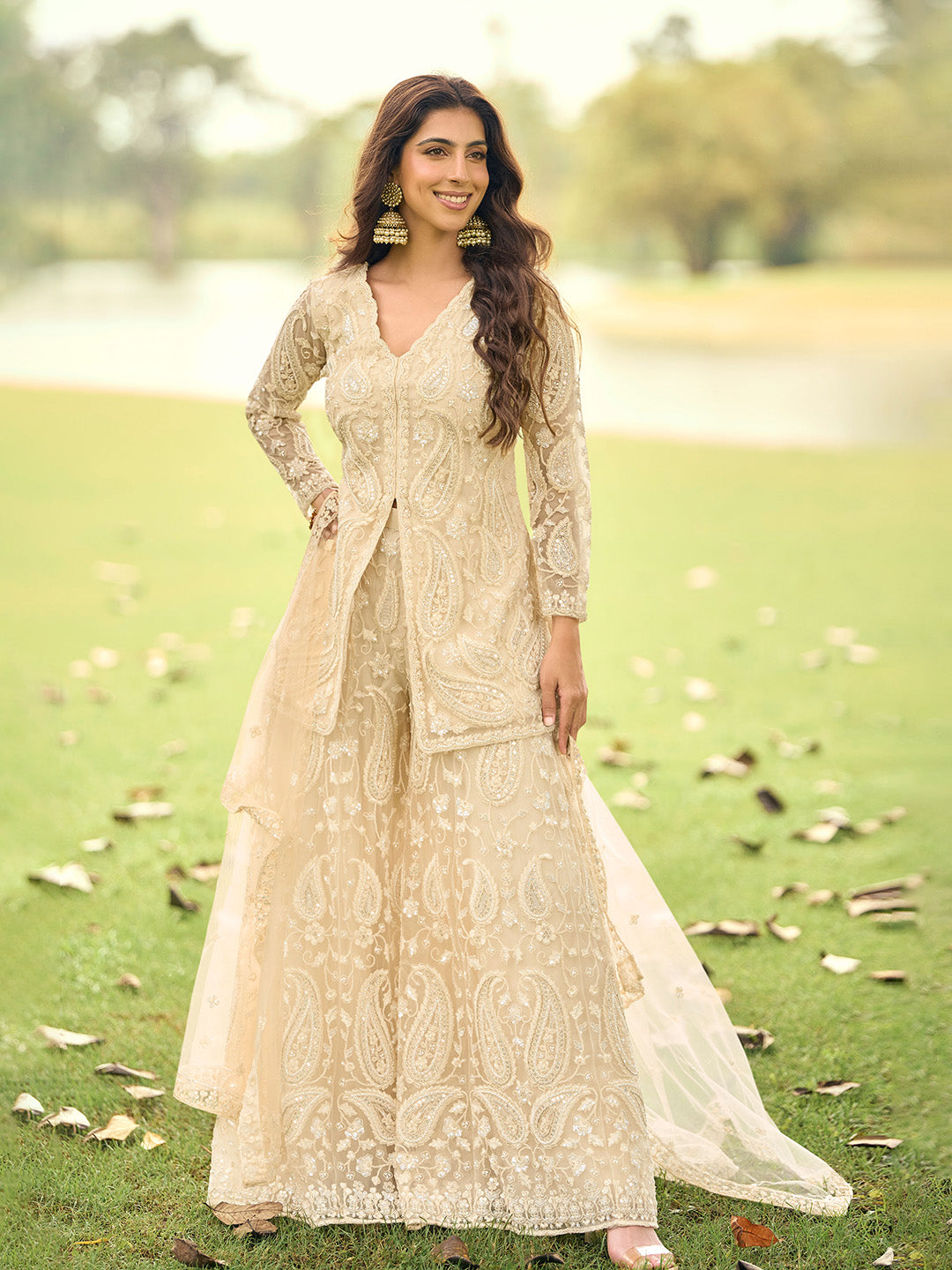 Beige Embroidered Net Kurta Palazzo Dupatta