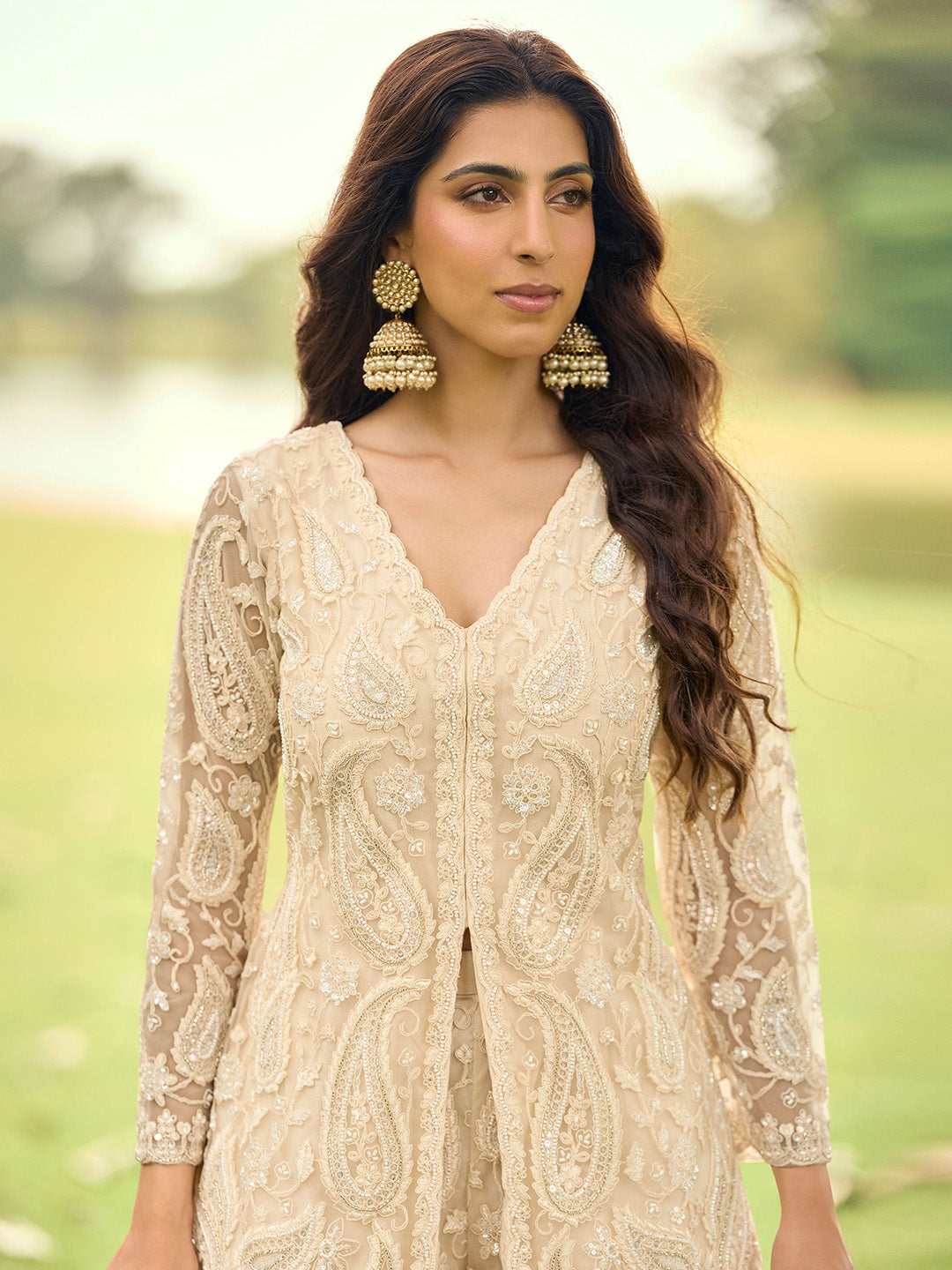 Beige Embroidered Net Kurta Palazzo Dupatta