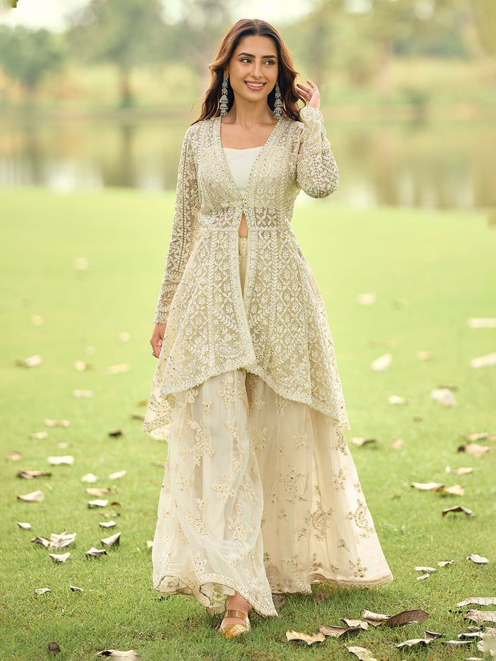 Beige Embroidered Net Kurta Palazzo Dupatta