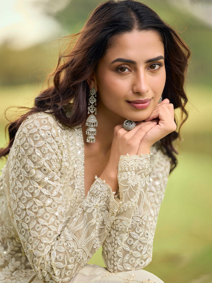Beige Embroidered Net Kurta Palazzo Dupatta