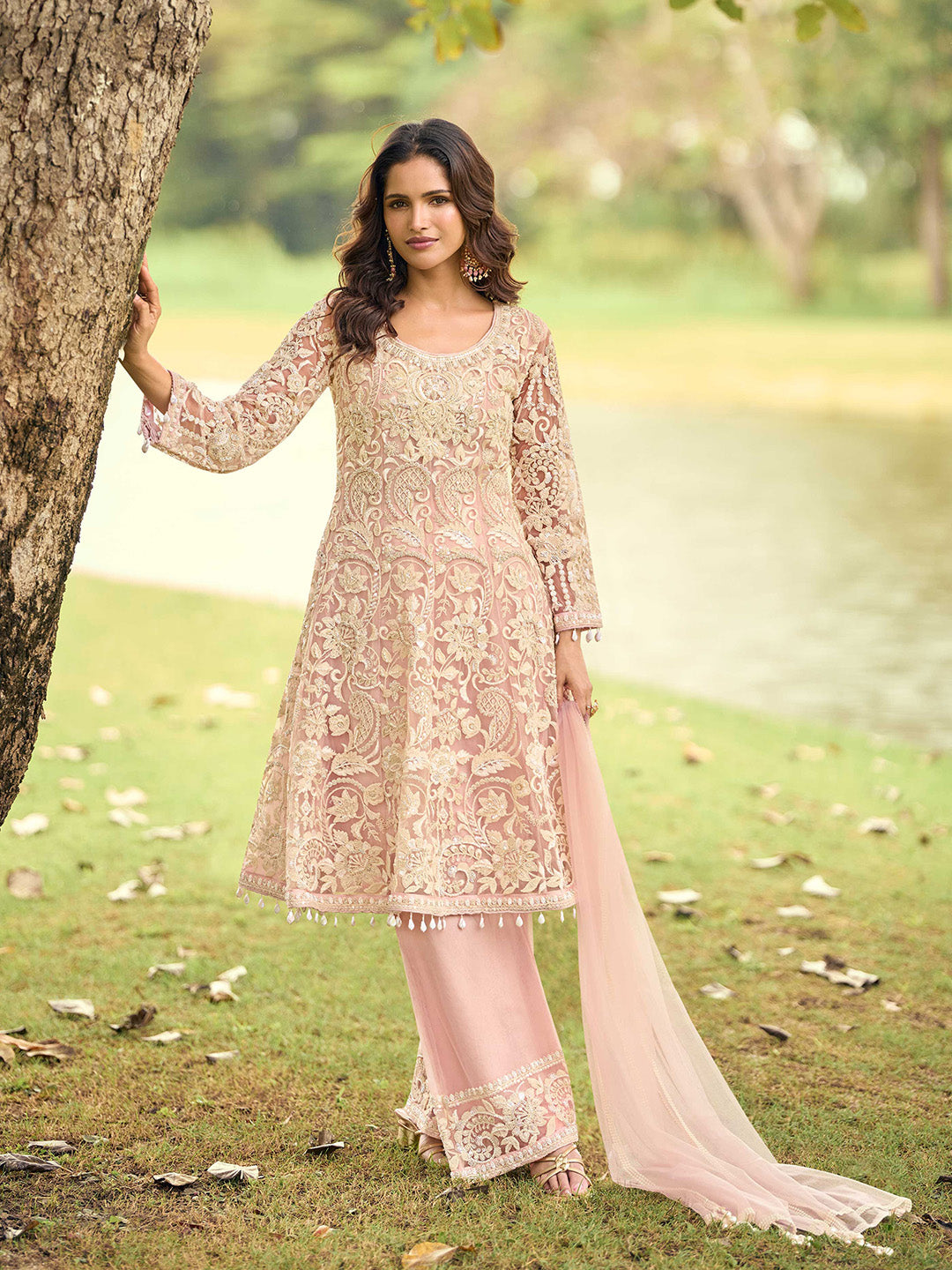 Pink Embroidered Net Kurta Palazzo Dupatta