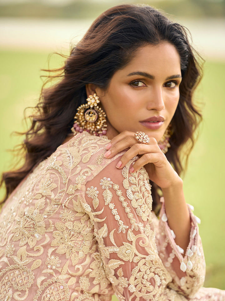 Pink Embroidered Net Kurta Palazzo Dupatta