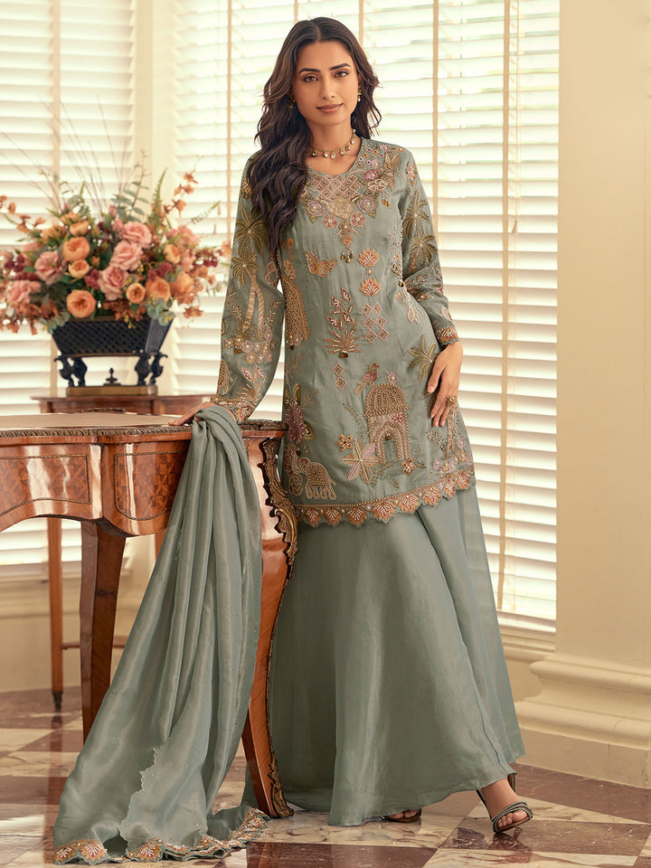 Sea Green Art Silk Embroidered Kurta Palazzo With Dupatta