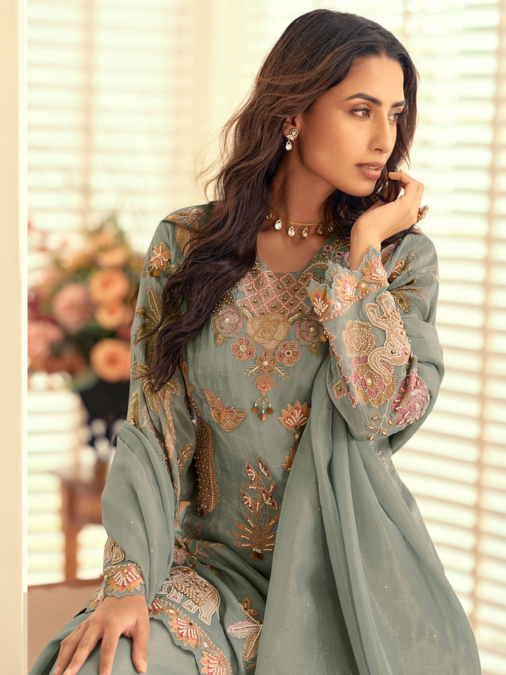 Sea Green Art Silk Embroidered Kurta Palazzo With Dupatta