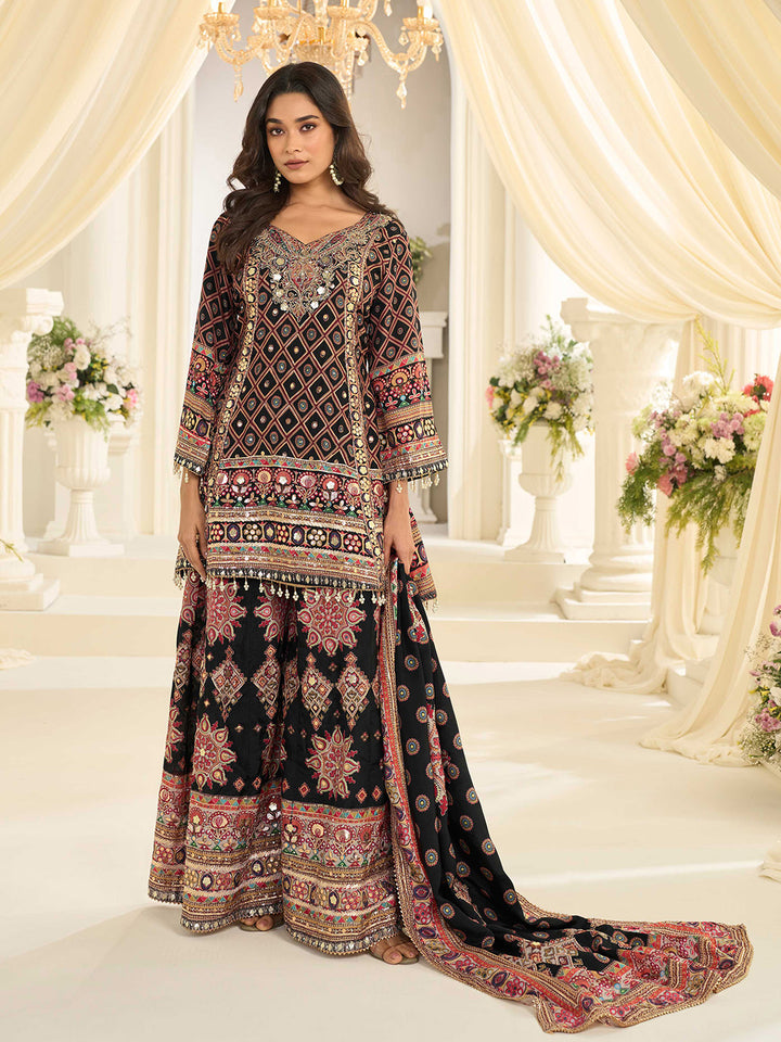 Black Embroidered Creape Kurta Palazzo Dupatta