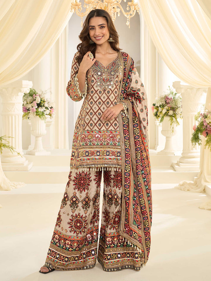 Beige Embroidered Creape Kurta Palazzo Dupatta