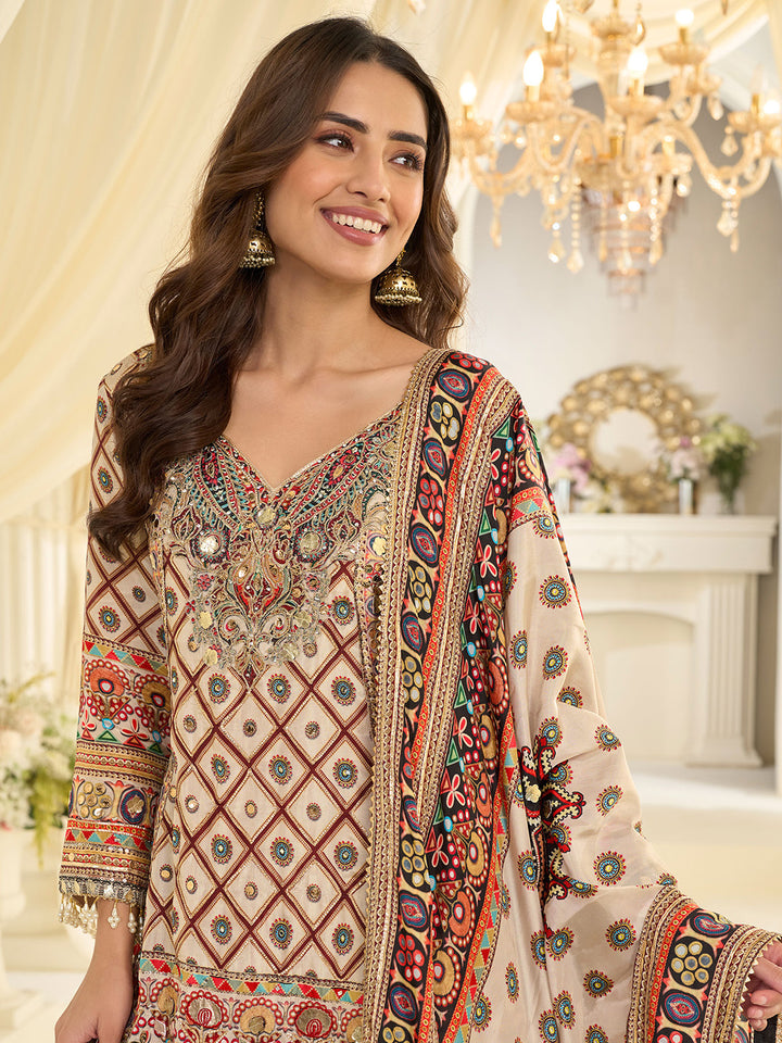 Beige Embroidered Creape Kurta Palazzo Dupatta
